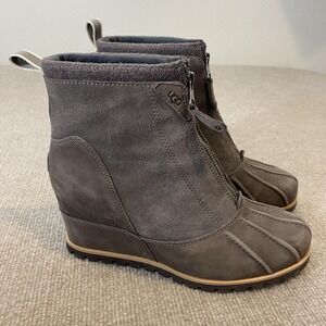 UGG Snow Boots Womens Size 9 Gray Suede Ankle Wedge Front Zip Lug Sole